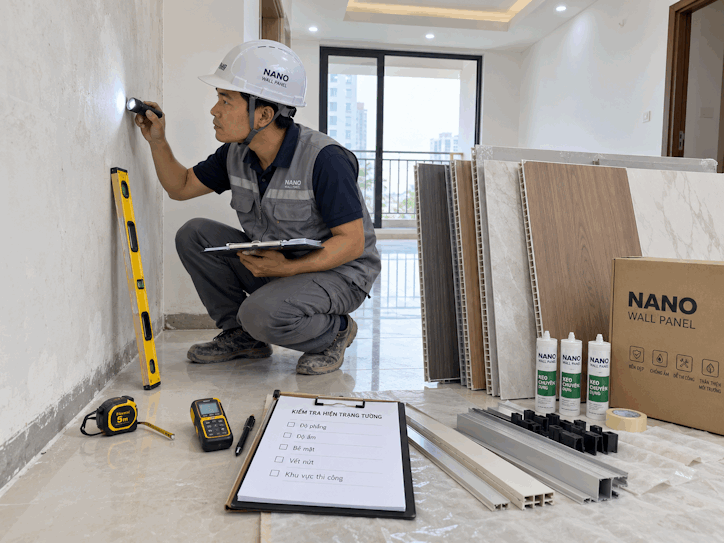 Kiểm tra hiện trạng trước khi thi công tấm ốp nano